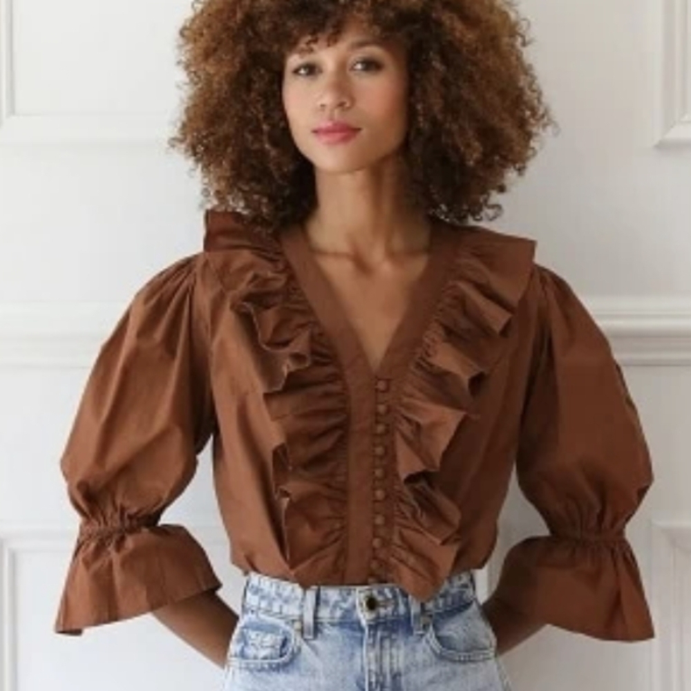 Mille Ruffle Front Puff Sleeve V-neck Romantic Top Brown Blouse